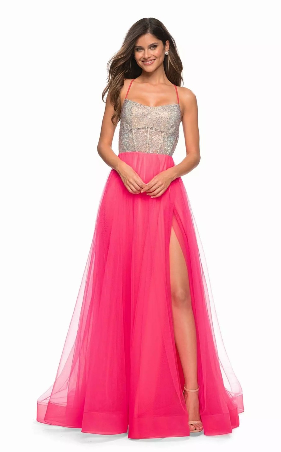 Long Prom Dresses * | La Femme 30721 Dress Neon-Pink